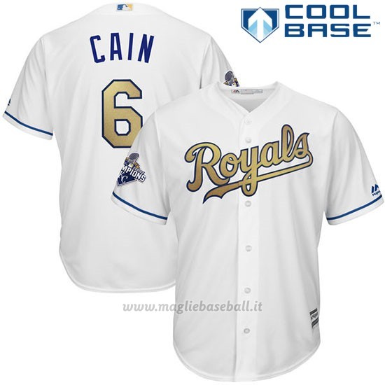 Maglia Baseball Uomo Kansas City Royals Lorenzo Cain World Series Campione Or Program Bianco Cool Base